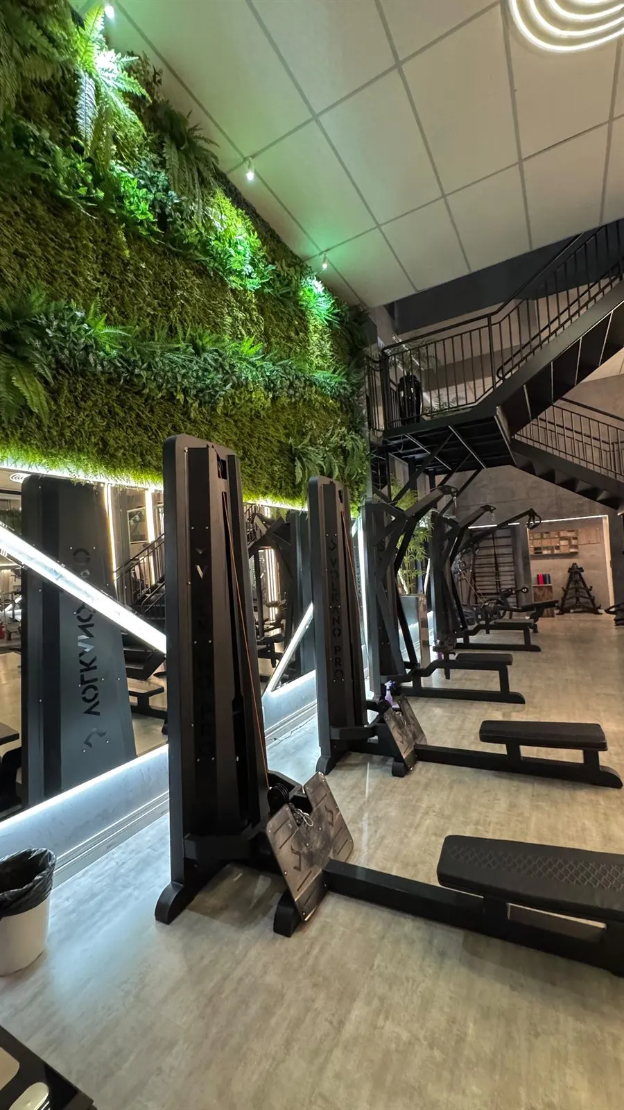 Área de máquinas da FitCompany São Pedro sob o jardim vertical e a escada do mezanino